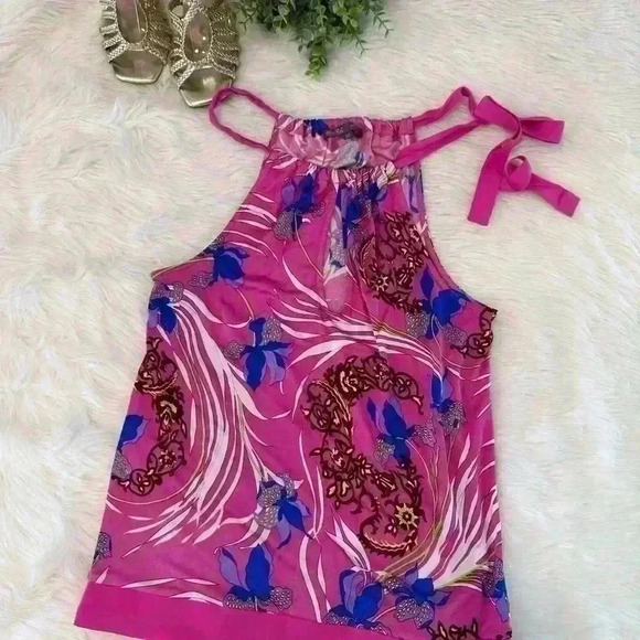 HALÉ BOB SLEEVELESS TANK SILK TIE AT NECK PINK MULTI COLOR SIZE XS - Picture 4 of 14